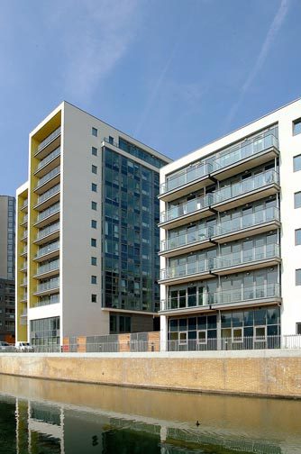 apartment block with commercial doors