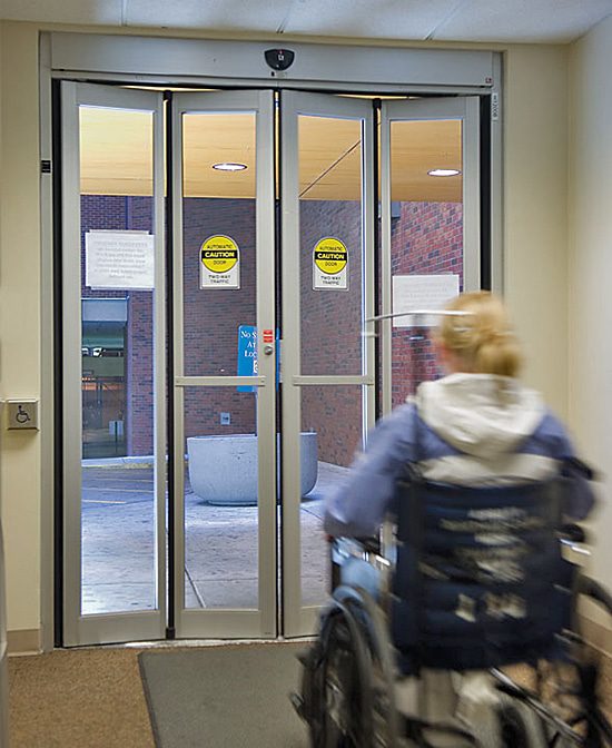 automatic folding doors such as these to aid disabled access have been available commercially for a number of years. 