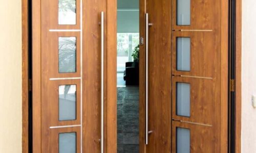 woodgrain front door in a house.