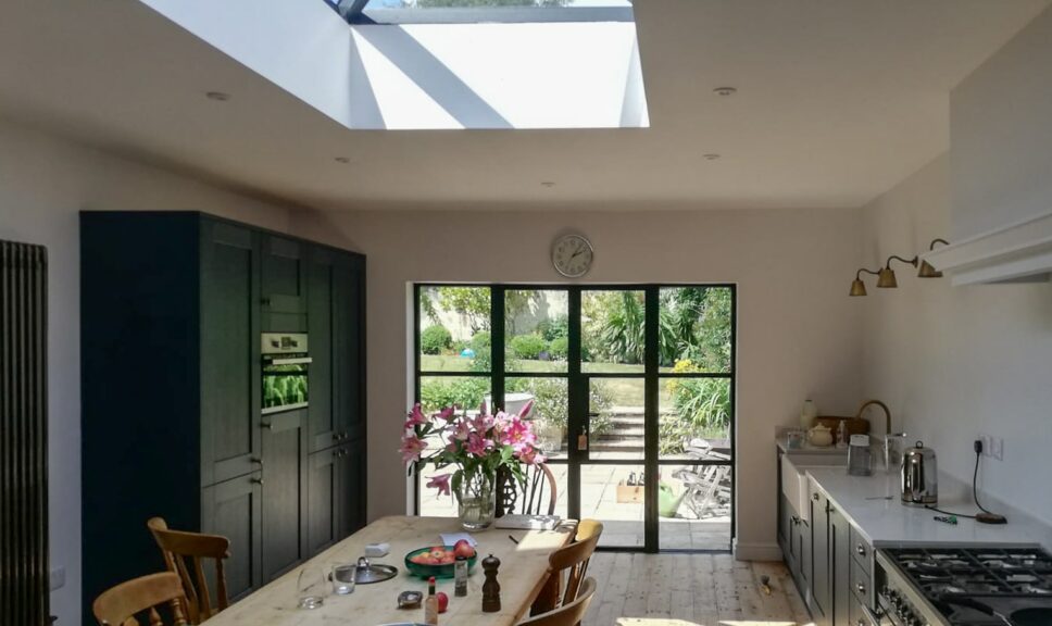 aluminium doors in a crittall style in a traditional kitchen