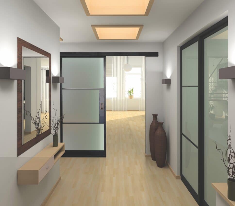 aluco aluminium sliding interior doors in a hallway