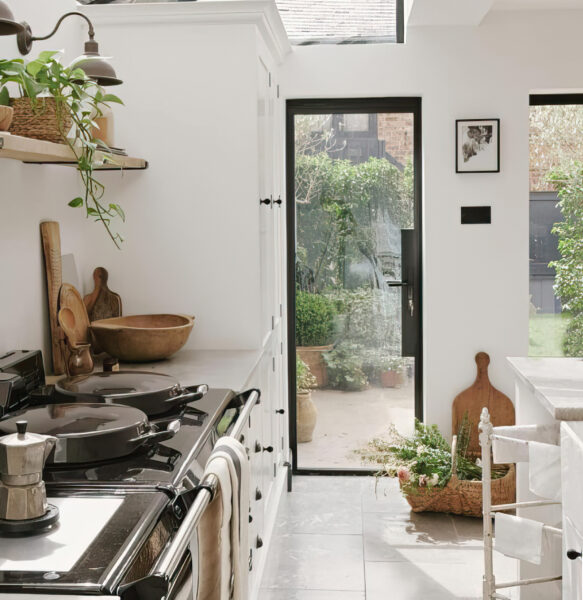 aluco fully glazed floating lock door in a kitchen, one of the slimmest aluminium doors