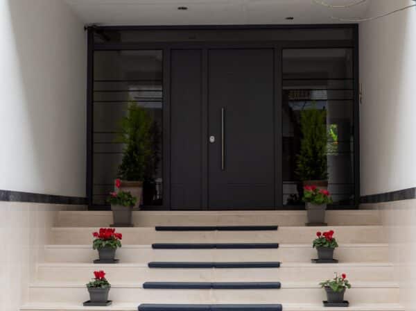 spitfire s-500 front door to a block of flats with flower pots