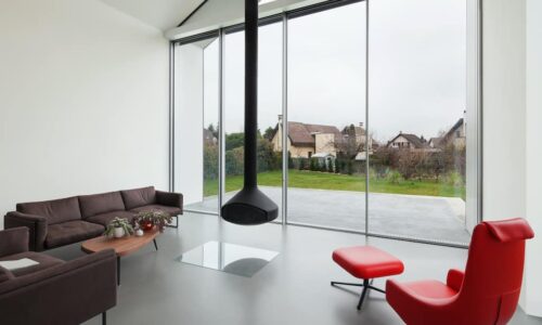 slimline patio doors in silver fitted to a garden room