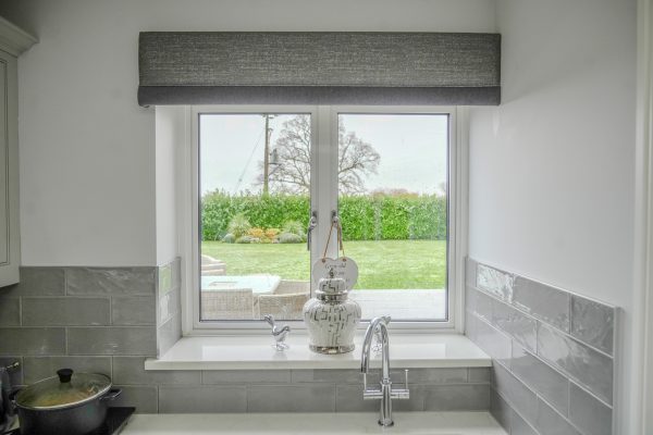 close up kitchen window in white.