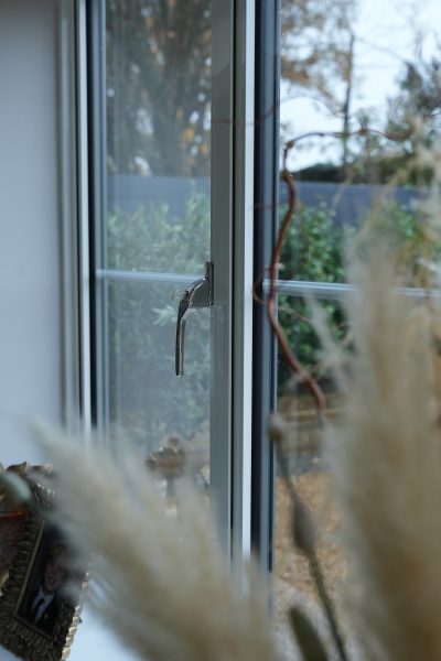 close up of white window with plants in front