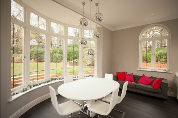 inside view of timber bay window inside a dining room