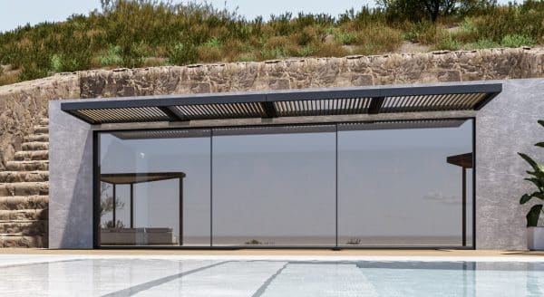 rockside canopy structure in aluminium by a pool
