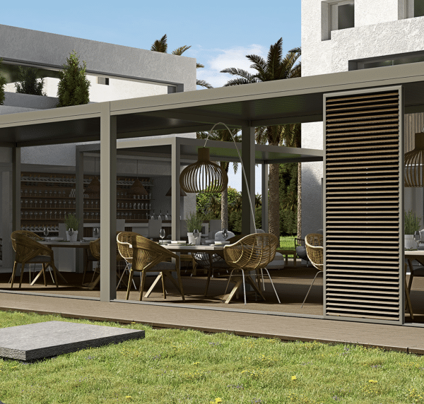 residential outdoor pergolas with dining table and chairs