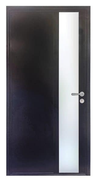 avero steel look front door with full height ⅓ glass and solid black panel