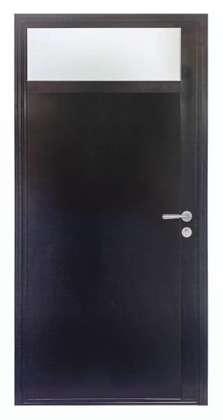 avero steel look front door with  solid door panel and glazed toplight. 