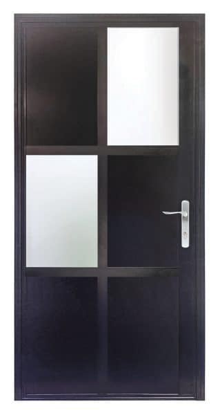 avero steel look front door with rectangular glass and and solid panel