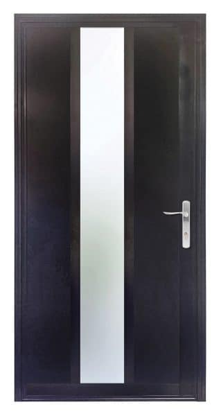 avero steel look front door with full height ½ glass and solid black panel