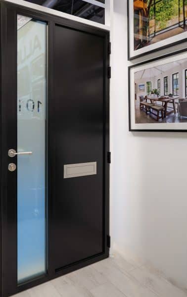 inside view of avero steel look door with glass and panel