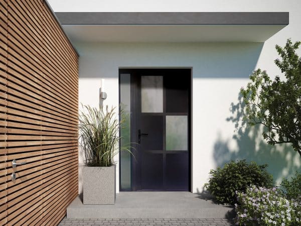 house wit avero by aluco steel ook front door in a patterned design