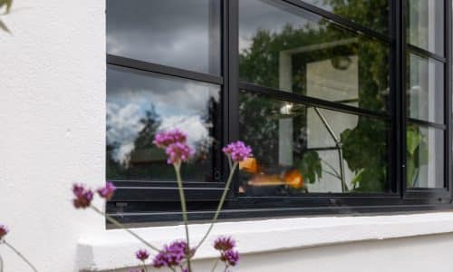 steel window and door on white cill with flowers in front