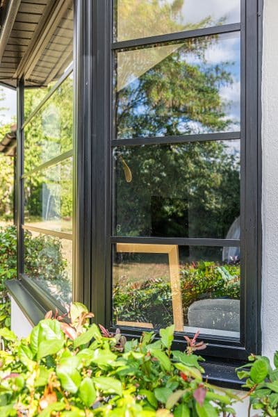 black aluco window with shrubs in front